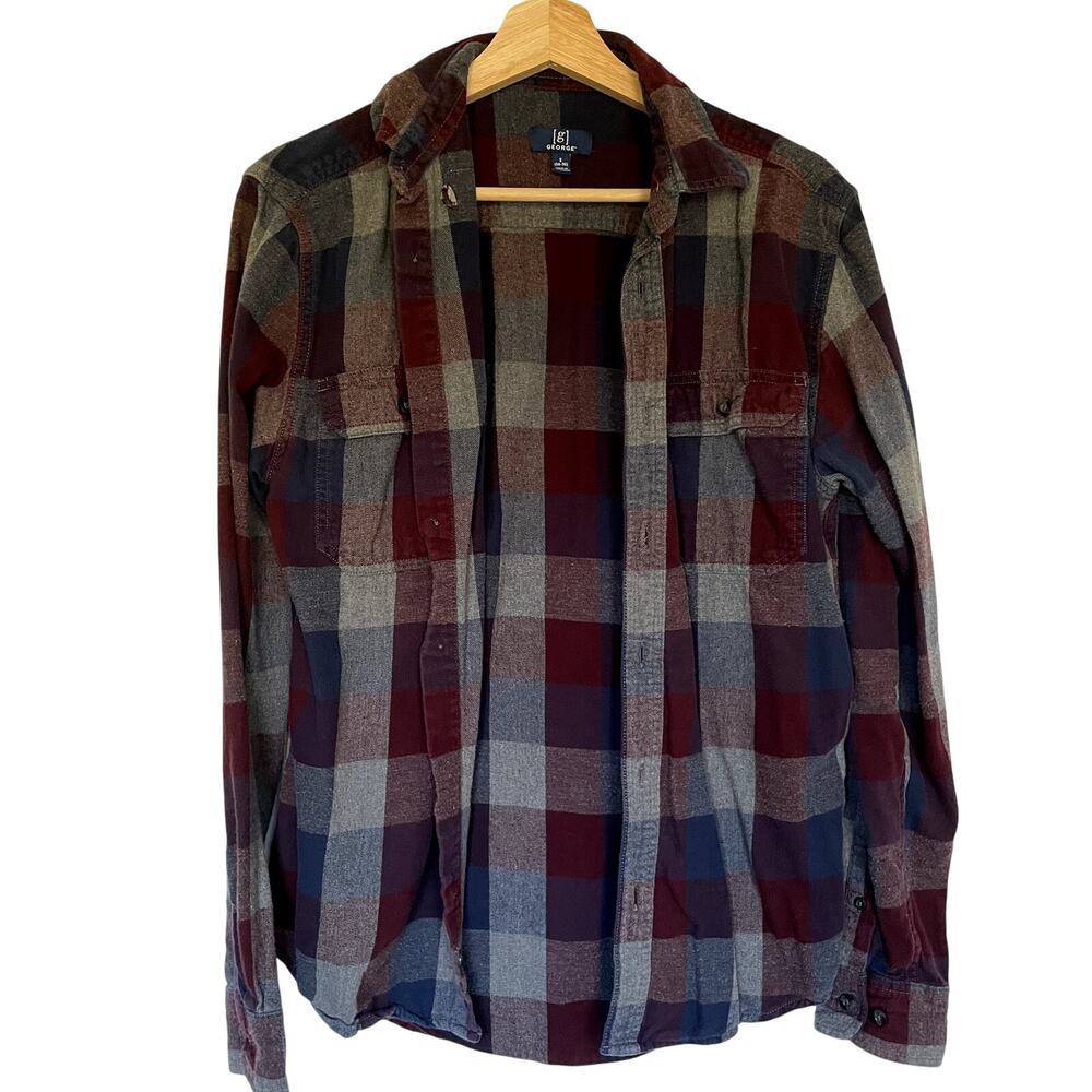 George burgundy blue‎ gray checkered button down top men's size small cotton